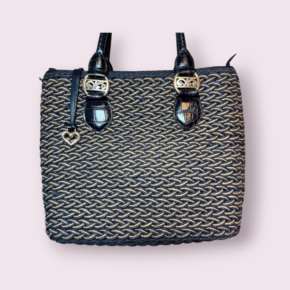 Brighton Eva Woven Straw and Leather Large Bag Tan & Blue